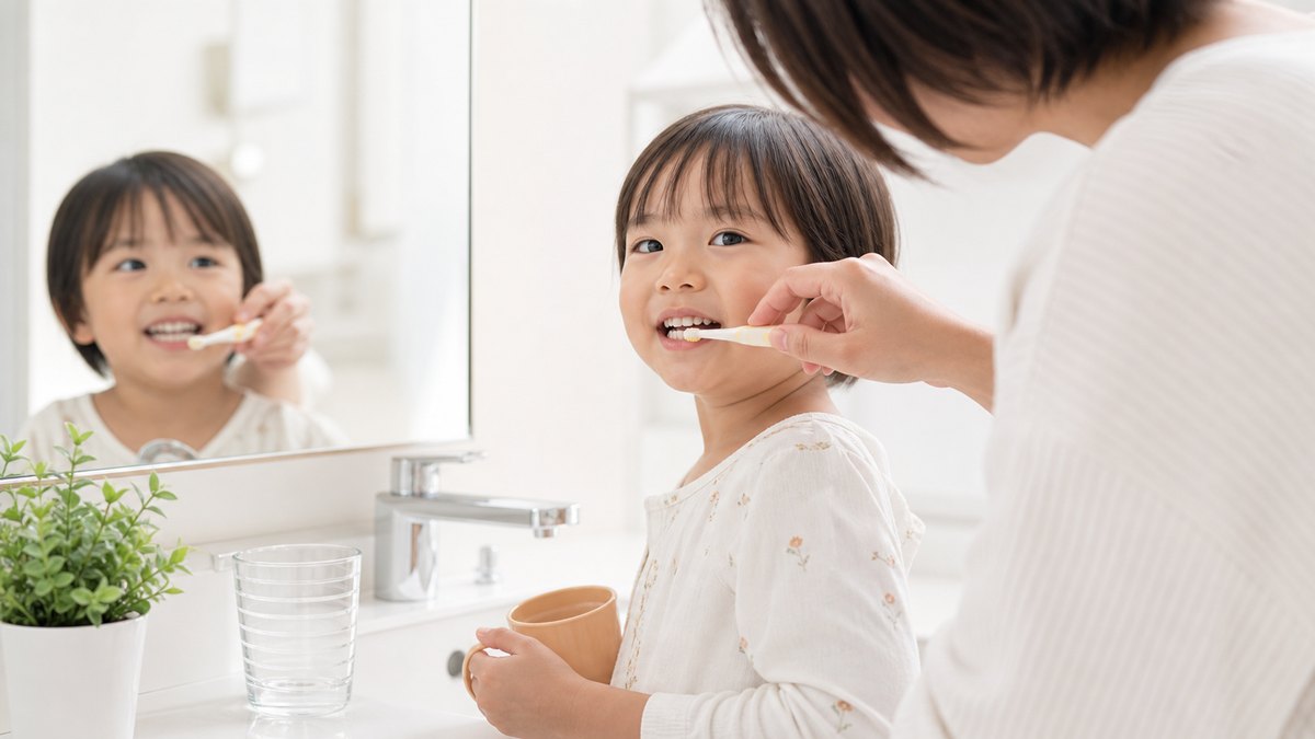 子供の虫歯予防で行う仕上げ磨きの様子