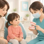 親子が歯の模型を使った説明を受けるイラスト