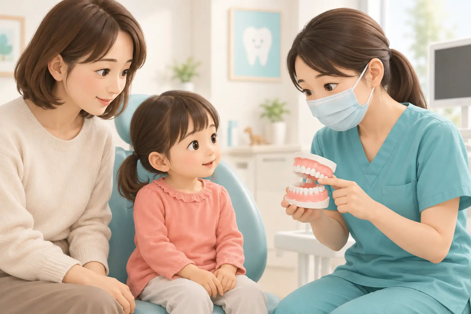 親子が歯の模型を使った説明を受けるイラスト