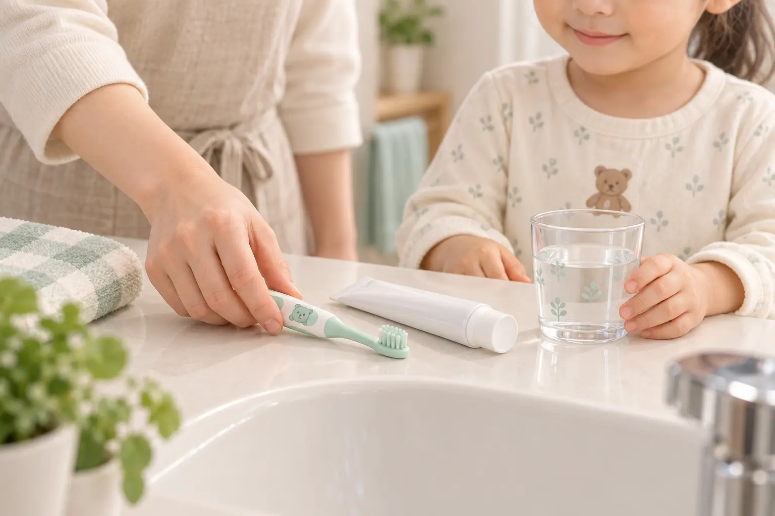 子どもの歯磨き道具と水を用意して毎日の予防習慣を見直すイメージ