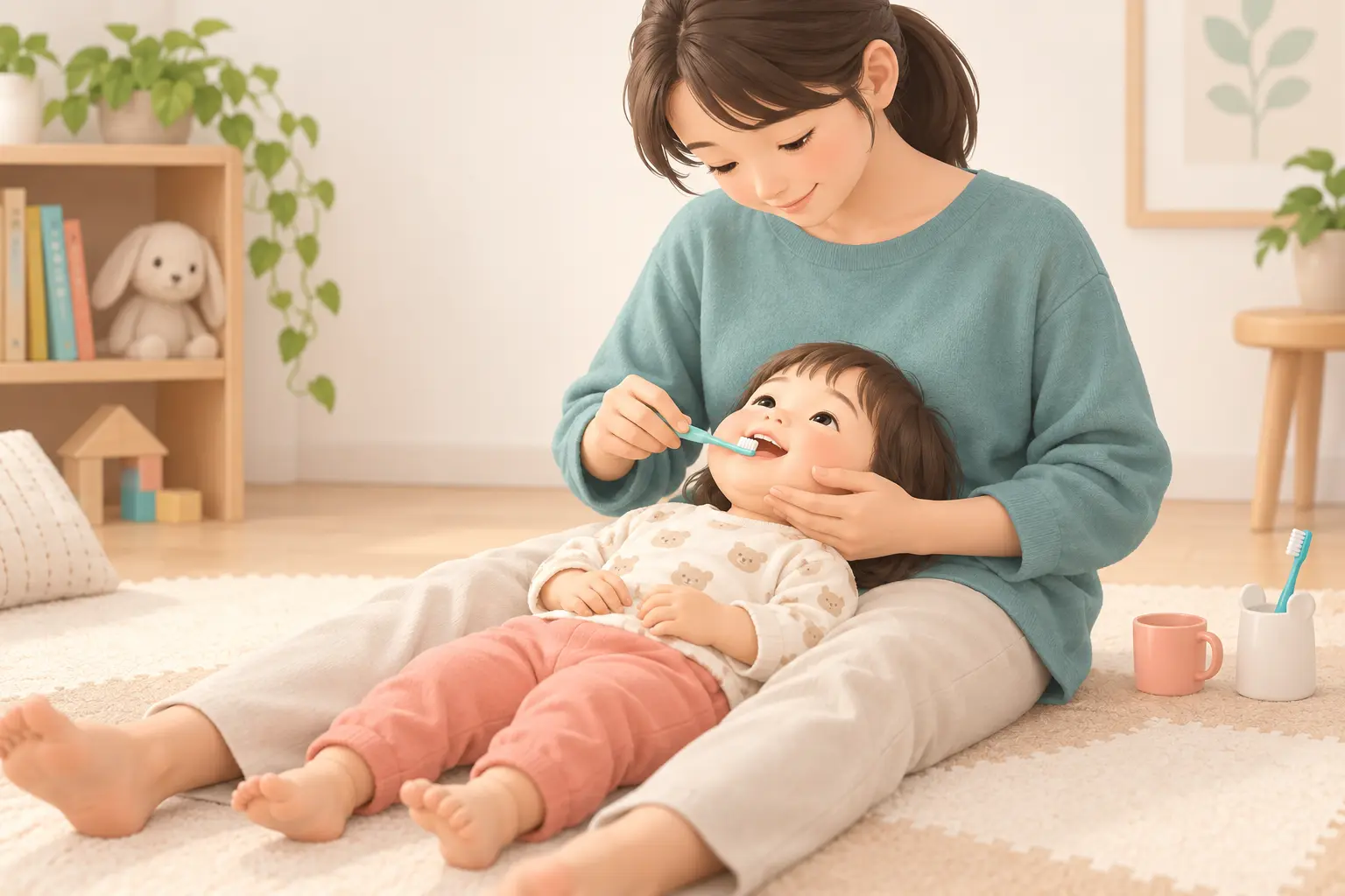 保護者の膝に頭を乗せて仕上げ磨きをする幼児のイラスト