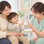 保護者と一緒に歯科の器具や診療室に慣れていく2歳児のイメージ