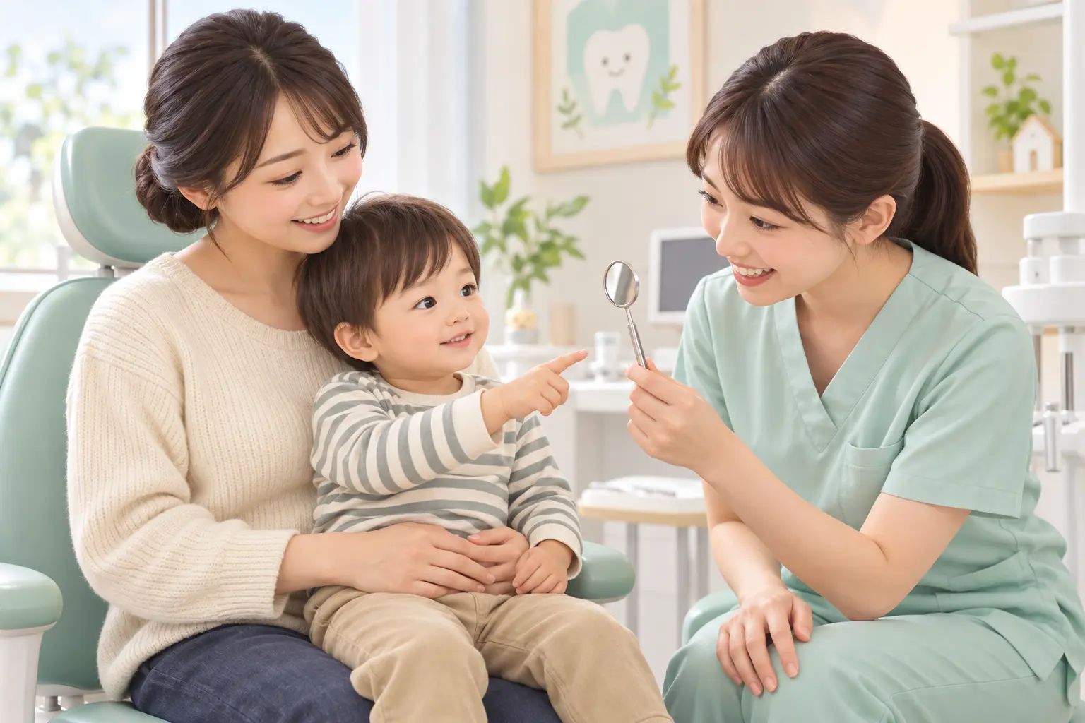 保護者と一緒に歯科の器具や診療室に慣れていく2歳児のイメージ